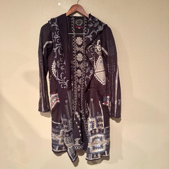 Johnny Was Biya Embroidered Long Sleeve Hooded Duster Cardigan Black Cream XS - Picture 2 of 7